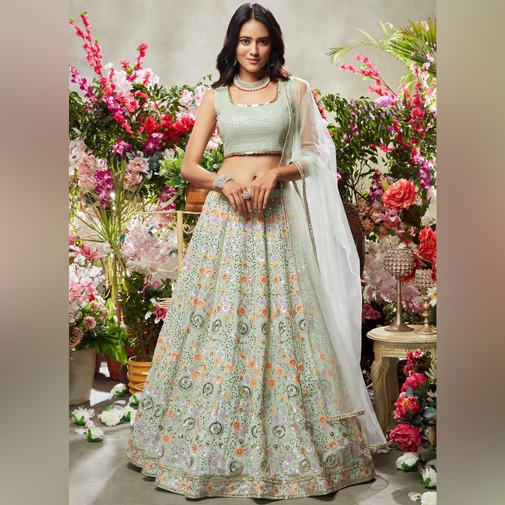 Lashkaraa Dusty Mint Green Multicolor Embroidered Net Lehenga